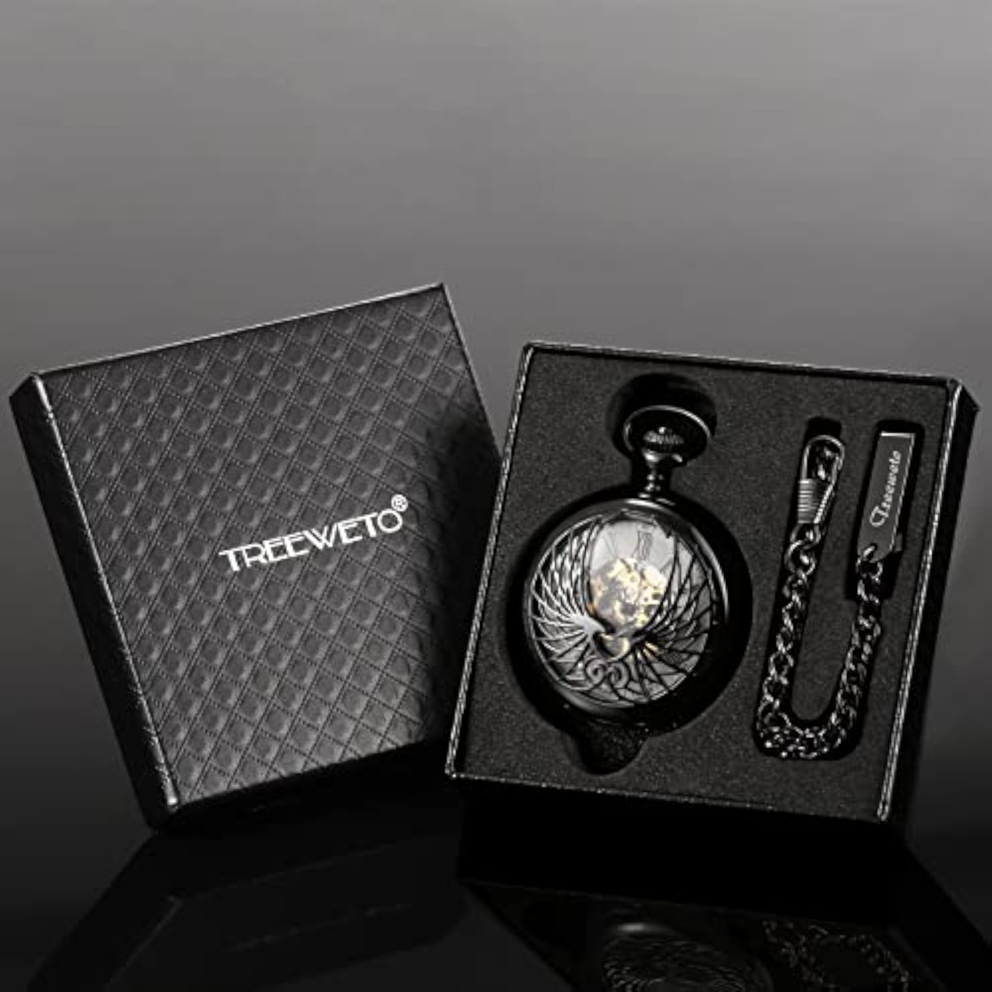 Skeleton Eagle Wings Design Black Case Pocket Watch