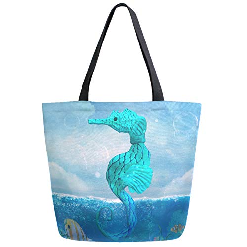 Fantasy Beautiful Seahorse Print Extra Large Canvas Portable Tote Shoulder Bag for Gym Beach Weekender School Travel Daily Reusa