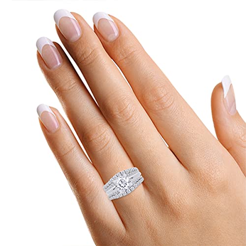 AFFY 1 Ct. Round Double Row Pave Set Curved Enhancer Guard Ring In 14K White Gold Over Sterling Silver With Cubic Zirconia Ring Size -6.5