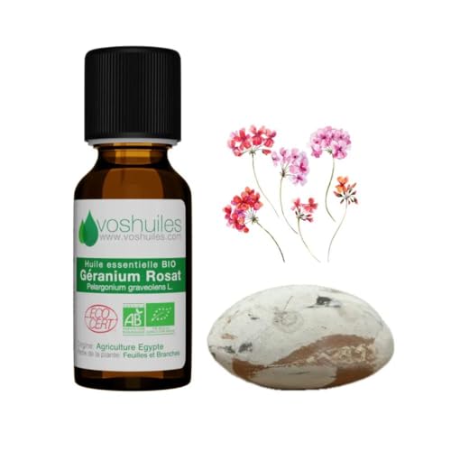 VOSHUILES - Kit Ma Petite Diffusion Florale - Huile Essentielle Géranium Rosat 5ml, Galet en Argile Naturelle et Pochon en Coton - Senteur Rose et Jardin Fleuri