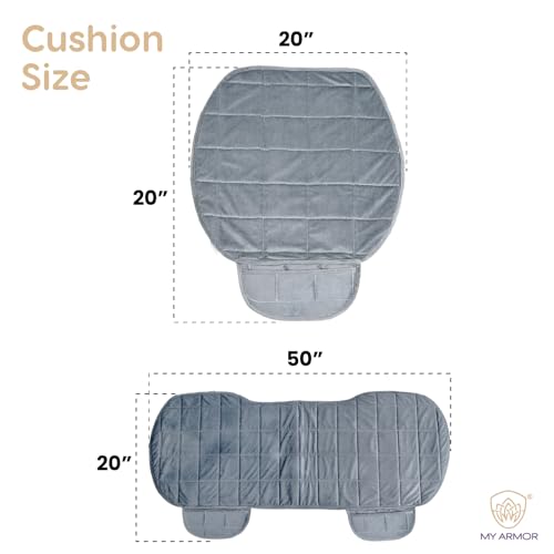 Image of MY ARMOR Seat Cover Car Set | Ultra-Soft HR Quilted Cushion | Non-Slip Grip & Storage Pouch | Universal Fit Protector | Rear Seat 50x20 & Front Section 20x20 Inches | Grey Velvet