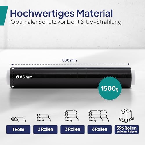 Inoverse 1 Rolle Stretchfolie Schwarz, 50cm/1.5kg Folie Für Möbel & Umzug, Palettenfolie, Wickelfolie, Verpackungsfolie auf Rolle, Strechfolienrolle, Verpackungsmaterial, Schwarz Folie