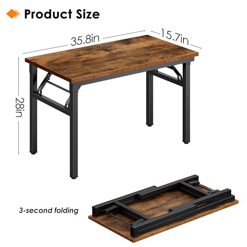 Image of Need 35.8 Inch Folding Desk for Small Spaces, Home Office Computer Desk with Wood Top & Black Frame, Foldable Writing Table for Study, Bedroom, Dorm Room & Student, Rustic Brown