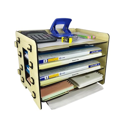 Image of Office File Tray - A4 Desk Tidy Organiser with| 4-Tier Document, Paper & Letter Tray | Multipurpose Desk Storage Rack for Home & Office (Intal beech)