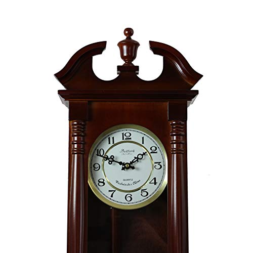 Bedford Clock Collection Classic Chiming Wall Clock With Swinging Pendulum In Cherry Oak Finish, 4.75" L X 11.75" W X 27.50" H #TOP2