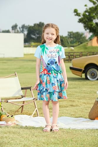 Image of Disney Frozen Elsa Stitch Minnie Princess Toddler Girls' T-Shirt & Double Ruffle Skirt 2 Piece Outfit Summer Clothes Set 2-9Y