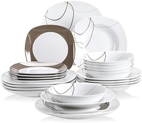 VEWEET, Series Nikita, Plates and Bowls Sets for 6, Square Dinnerware Sets, 24 Piece Dish Set Dinner Plates, Modern Plate Set, Minimalist Brown Lines Crockery Set