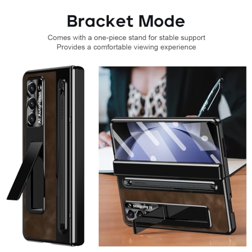 XIMAND for Samsung Galaxy Z Fold 6 Case with Slim S-Pen Holder & Capacitance Pen, Kickstand Premium Jazz Retro Leather Soft Touch Shockproof Hard Full-Body Screen Hinge Protection -Coffee by XIMAND - Used condition - Image 7