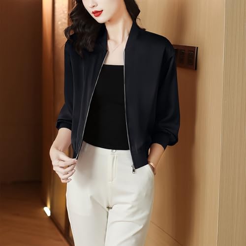 Womens Bomber Jacket Satin Silk Coat Casual Stand Collar Zip Up Lightweight Fall Fashion Jackets with Pockets2