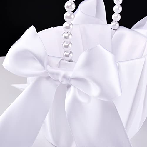STAFUNI White Flower Girl Basket for Wedding, Cute Satin Bowknot Flower Basket with Pearl Handle For Vintage Wedding Ceremony - Thumbnail 4