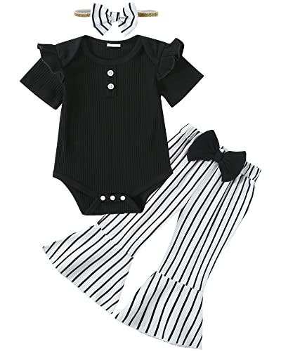 Image of DISAUR Newborn Baby Girl Clothes, Infant Girl Outfits Short Sleeve Ruffle Romper + Bell-Bottom Pants + Headband Set (0-3 Month Black)