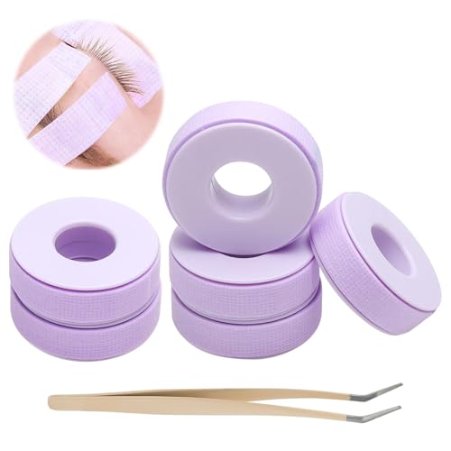 VOSSOT 6 Rouleaux Ruban de Cils Ruban Extension de Cils Micropore Respirant Eyelash Tape avec Attelle Patch Sparadrap Extension de Cils Violet avec Pinces à épiler 1.25cm*9m