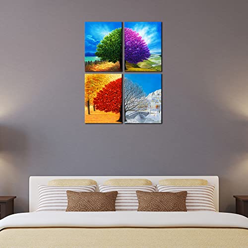 Wieco Art Four Change Seasons Trees Canvas Prints Wall Art By Oil Paintings Style Pictures For Living Room Bedroom Home Decorations 4 Piece Modern Gallery Wrapped Contemporary Colorful Giclee Artwork #TOP4