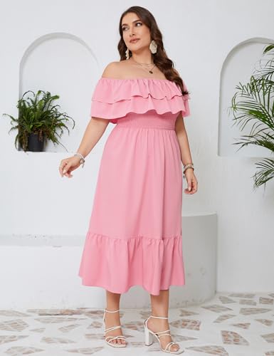 Image of KOJOOIN Women Plus Size Off Shoulder Maxi Dress Ruffle Flowy Casual Summer Boho Long Dresses