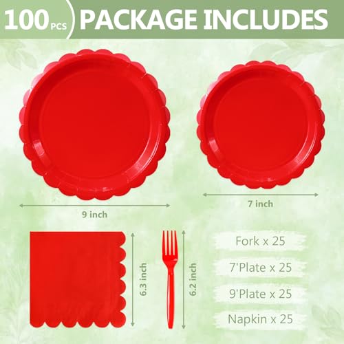 Image of Mulbozy 100 Pcs Cute Red Paper Plates and Napkins Disposable Set for Party