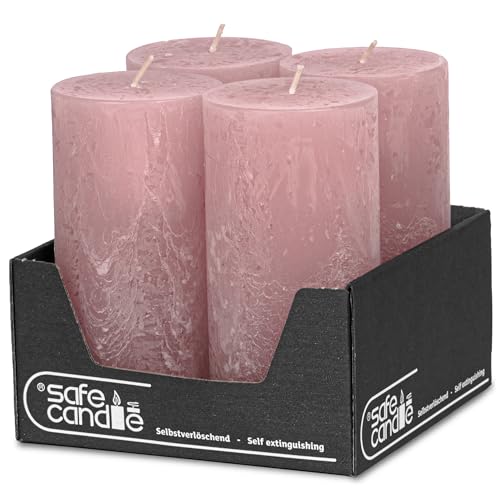 Stumpenkerzen Rosa 24 DecoLite: Stumpenkerzen Rustik 4er Set 140x70 mm | Selbstverlöschend...
