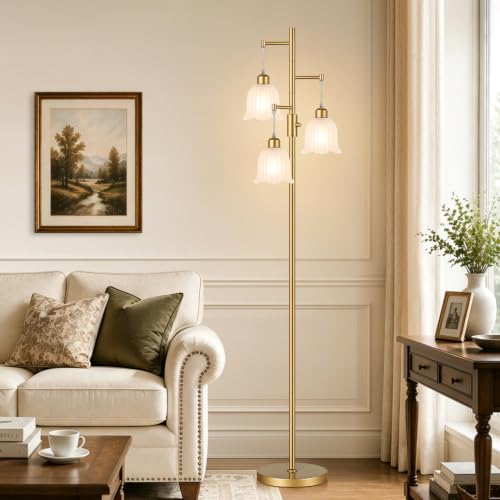 Image of Dimmable Floor Lamp, 3 x 900LM Edison Bulbs Included, Modern Gold Tree Standing Lamp with Elegant Frosted Glass Flower Shade 3 Light Vintage Floor Lamp for Living Room, Bedroom, Office