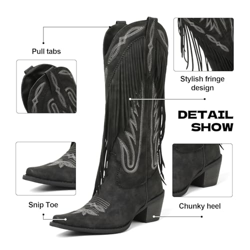 Image of Cowgirl Boots for Women Retro Pointed Toe Pull On Block Chunky Heel Embroide Tassel Country Concert Outfits Mid Calf Western Fringe Cowboy Boots