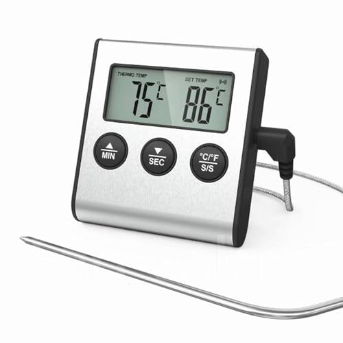 Candeon Digitales Bratenthermometer fleischthermometer, 0-250°C küchenthermometer Ofenthermometer Grillthermometer Mit Sonde Aus Stahl, Lebensmittelthermometer mit Timer für BBQ, Grill, Smoker