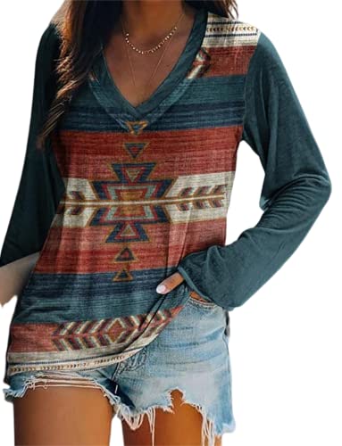 Tunic Tops To Wear With Leggings Winter Long Sleeve V Neck Western Shirts For Women Casual Loose Ethnic Graphic Blouse Dark Green Xl #TOP14