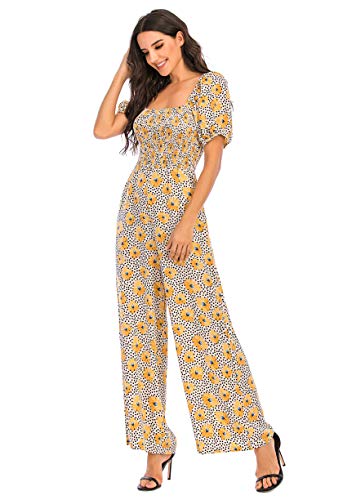 Love Welove Fashion Women's Floral Short Sleeve High Waist Wide Leg Pants Casual Loose Smocked Jumpsuit Romper #TOP2
