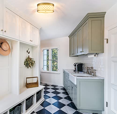 Shawnkey Modern Drum Gold Led Ceiling Light Fixture With White Fabric Shade Dimmable Semi Flush Mount Ceiling Light For Bedroom Living Room Hallway Light Fixture Ceiling Mount #TOP3