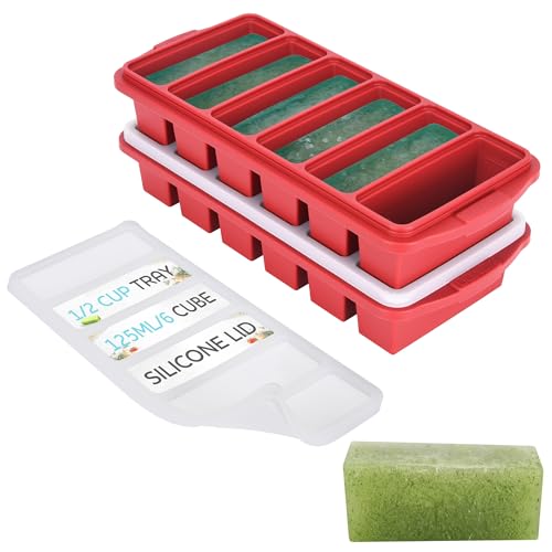 Image of 1 /2 Cup Silicone Freezer Tray With Lid - Silicone Freezer Molds 2-Pack For meal prep & freezing of various sauces and other dishes, makes 12 perfect 1 /2 cup portions cubes,oven and dishwasher safe