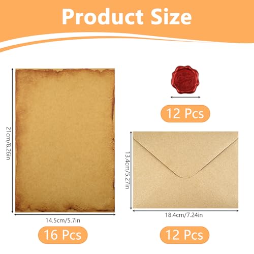 40 Stück Vintage Briefpapier mit Umschlag, Set Vintage Schreiben mit 12 Vintage-papier Briefumschläge, 16 A5 Briefpapier und 12 Wachssiegel-aufkleber, für Liebesbrief, Hochzeit,Geburtstag,Weihnachten