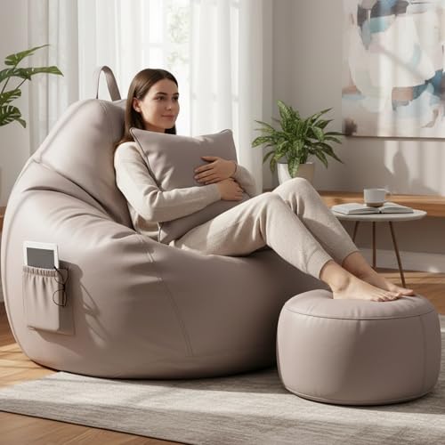 KAM'S LIEU 5XL Bean Bag Combo with Footrest & Cushion | Filled with High Density EPS Beans | Comfortable Sofa for Living Room & Bedroom | 6 Months Warranty, Color- (Beige, 5XL, Classic)