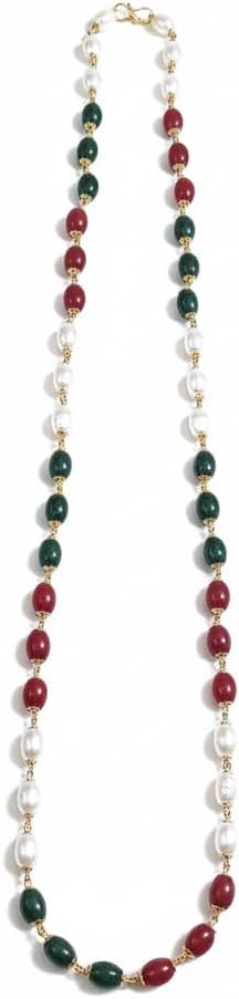 Traditional Gold-Plated Tricolor Beaded Necklace | Red, Green & Pearl Beads 30-Inch Stylish Long Chain | Classic Ethnic Jewelry for Women & Girls