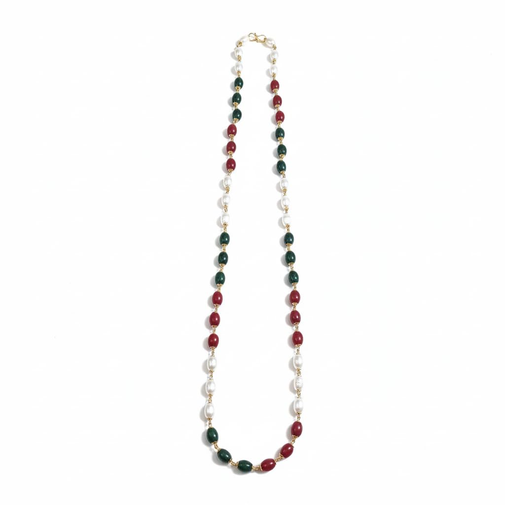 Traditional Gold-Plated Tricolor Beaded Necklace | Red, Green & Pearl Beads 30-Inch Stylish Long Chain | Classic Ethnic Jewelry for Women & Girls