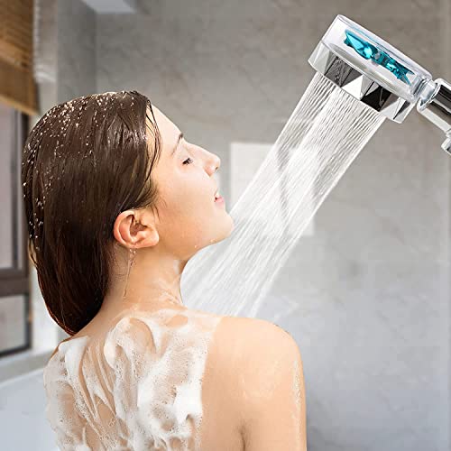 High Pressure Water Saving Shower, 360 Degrees Rotating Propeller Driven Handheld Shower Head with Filter, Turbo Spa Shower Head with Fan & Switch (Silver)