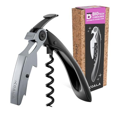 Koala Big Tech - Cavatappi professionale a due tempi – Acciaio Inox, Spirale Teflon, lama precisa, ideale per sommelier e uso quotidiano, finitura nera