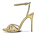HOCHFART Gold Strappy Heels Rhinestone High Stiletto Heels for Women Strappy Heels Round Toe Sexy Dressy Pumps Sandals Size 8.5