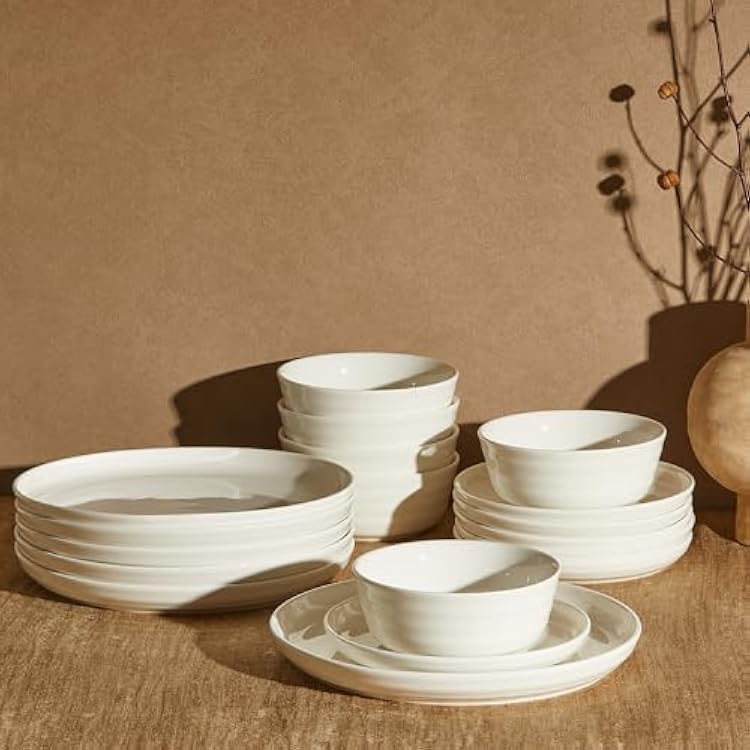 Sweese Plates and Bowls Sets,18 Pieces Modern Porcelain Dinnerware Set for 6 Handcrafted Uniqe Dinner Set Ceramic Dishware Dishes Microwave and Dishwasher Safe, White