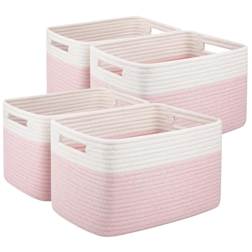 Image of OIAHOMY 4 Pack Storage Baskets for Organizing, Basket for Shelves with Handle, Woven Baskets for Storage Toys, Towels, Books, Cotton Rope Basket 13" L x 9 " W x 7.8 " H, Pink & White