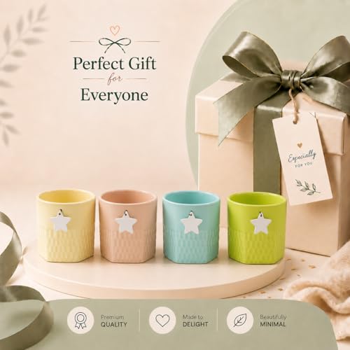 Image of Xtore Playful Textured Ceramic Planter Set of 4 with Star Accent | Colorful Indoor Pots for Desk, Kids Room & Shelf Decor (Pack of 4, Planter only)