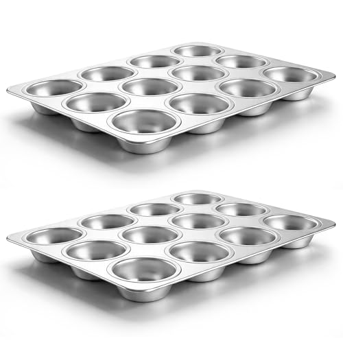 LIANYU 12 Cups Muffin Pan for Baking 2 Pack Stainless Steel Cupcake Tin
