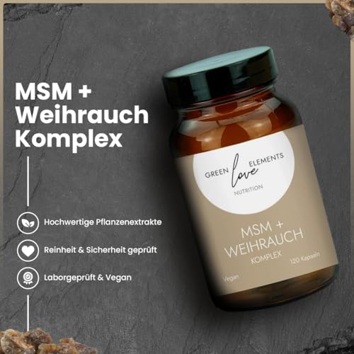 MSM + Weihrauch Komplex – Hochdosierte Weihrauchkapseln & MSM Kapseln – Vegan – Weihrauch Extrakt Kapseln – Laborgeprüft – In Deutschland hergestellt – Greenlove Elements Qualität