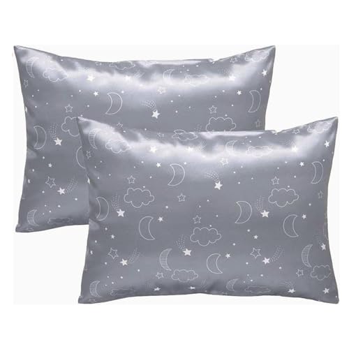Toddler Silky Satin Pillowcase 2 Pack with Envelope Closure, Kids Travel Pillow Case Cover 20×13 Inches, Soft Pillow Case for Boys and Girls, Grey