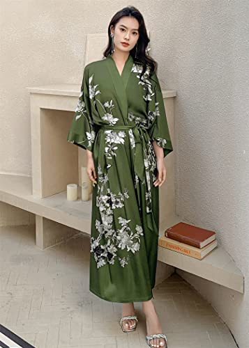 Kihnop Women's Floral Long Kimono Robe Long Satin Robe Long Silk Robe Ladies Kimonos Silky Bathrobe Cover Up, One Size #TOP2