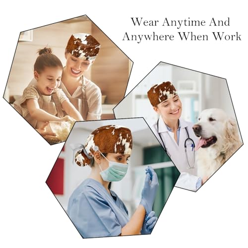 Image of 2 PCS Bouffant Cap with Button Ponytail Pouch Working Cap Sweatband Adjustable Surgical Cap Black and White Cow