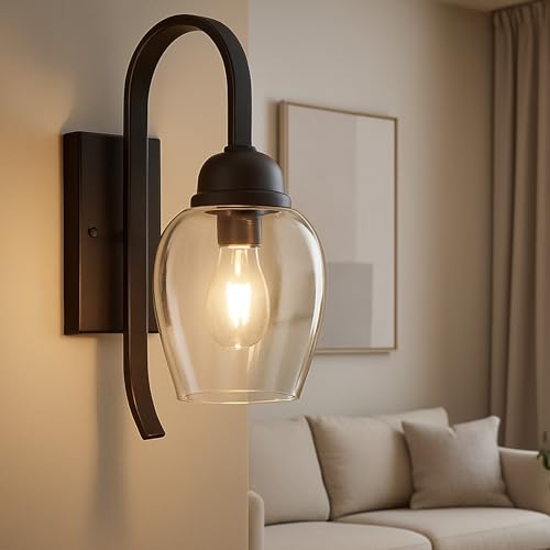 Image of SINOMAN Black Style Wall Light Fixture Wall Sconce with Clear Glass Shade, Elegant Lighting for Entryways, Living Room, Staircases, Bedrooms and Home Decoration (with Bulb)