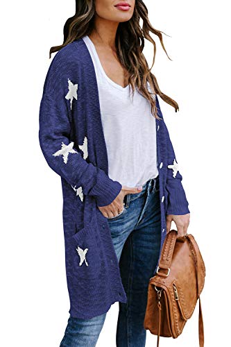 Hapcope Women's Star Print Long Sleeve V-Neck Open Front Cardigan Sweaters Navy Blue Xl #TOP2