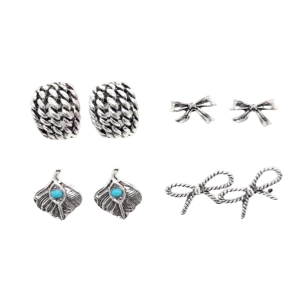SHIVENA Jewellery Set of 4 Stud Earrings for Women & Girls | Chunky Dome, Bow, Leaf Turquoise & Textured Bow Earrings | Lightweight Fashion Jewellery for Daily Wear, Party & Gift-image-23