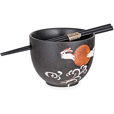 Hinomaru Collection Japanese Style Ramen Udon Noodle Bowl with Chopsticks Gift Set 5 Inch Diameter (Moon Rabbit) Cover