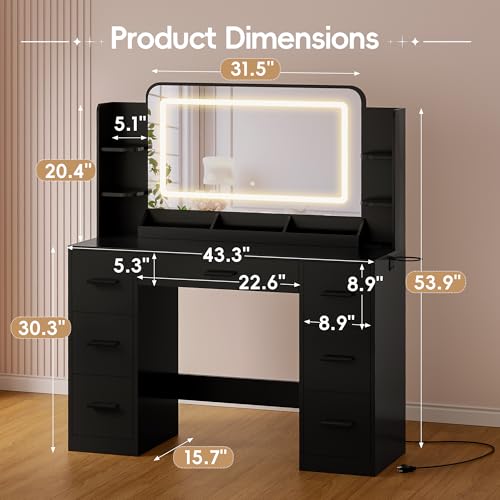 Image of Furmax Vanity Desk with Mirror with LED Light Strip, Makeup Vanity with 2 AC Outlets and1 USB&1 Type-C Port, 3 Modes Adjustable Lighting Mirror, Modern Ample Storage Drawers Dressing Table, Black