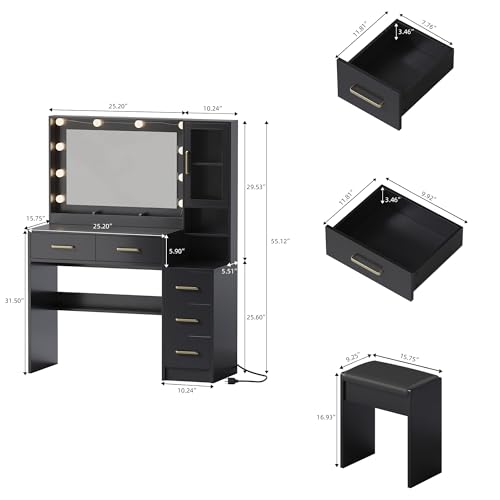 Image of 35.4 inch Black Makeup Vanity Desk with Charging Station, White Makeup Dressing Table with Mirror & Lights, 3 Lighting Modes Adjustable Brightness, Vanity Table with Power Outlet & 5 Drawers