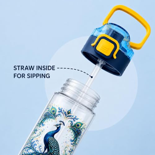 Image of Elegant Aura Peacock Printed Water Bottle 1 Litre with Straw & Gulp Drinking