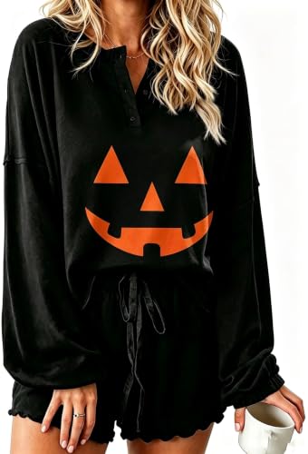 Image of Roshop Halloween Pajama Women's Pumpkin Matching Top & Shorts Loungewear Set